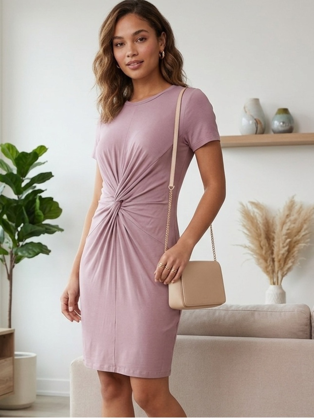Dynamite Mauve Twist-Front T-Shirt Dress women’s size medium